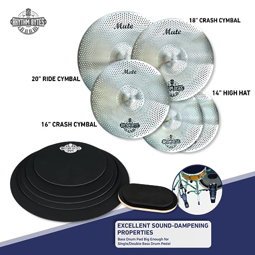 Low Volume Cymbal Pack with Drum Silencer Pads | 12pcs Cymbal Set & Drum Mute Pads, Quiet Drum Set Cymbals 14"/16"/18"/20" | Drum Mute Pak 10"/12"/13"/14"/16", 1 Bass Drum Mute Pad, Free Cymbals Bag