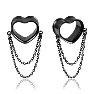 doearko 2 pcs ear gauges simple style tunnels dangle plugs with chain elegant stretchers hypoallergenic stainless steel body jewelry (14mm(9/16"), black heart)