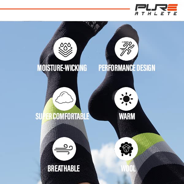 Pure Athlete Eco Friendly Winter Ski Socks - Sustainable Cold Weather Hiking Snowboard Socks (L, Black/Grey/Neon Green)