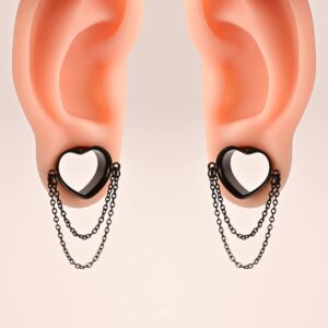 DOEARKO 2 Pcs Ear Gauges Simple Style Tunnels Dangle Plugs with Chain Elegant Stretchers Hypoallergenic Stainless Steel Body Jewelry (14mm(9/16"), Black Heart)