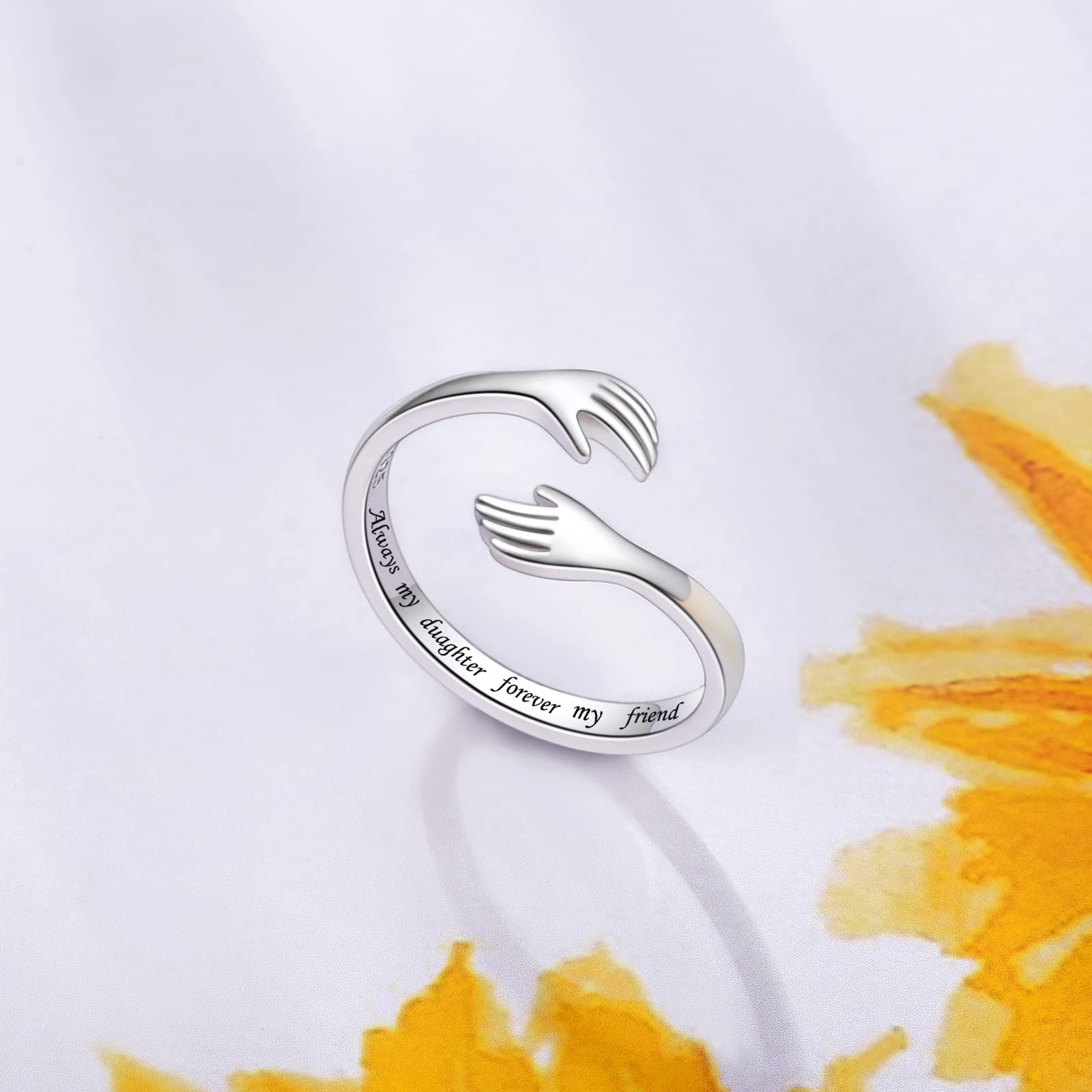 IOHUPCI Sterling Silver Hug Rings for Women, Adjustable Ring Hugging Hand Ring for Daughters Mom Sister Wife Friends Grandma Birthday Holiday Jewelry Gift