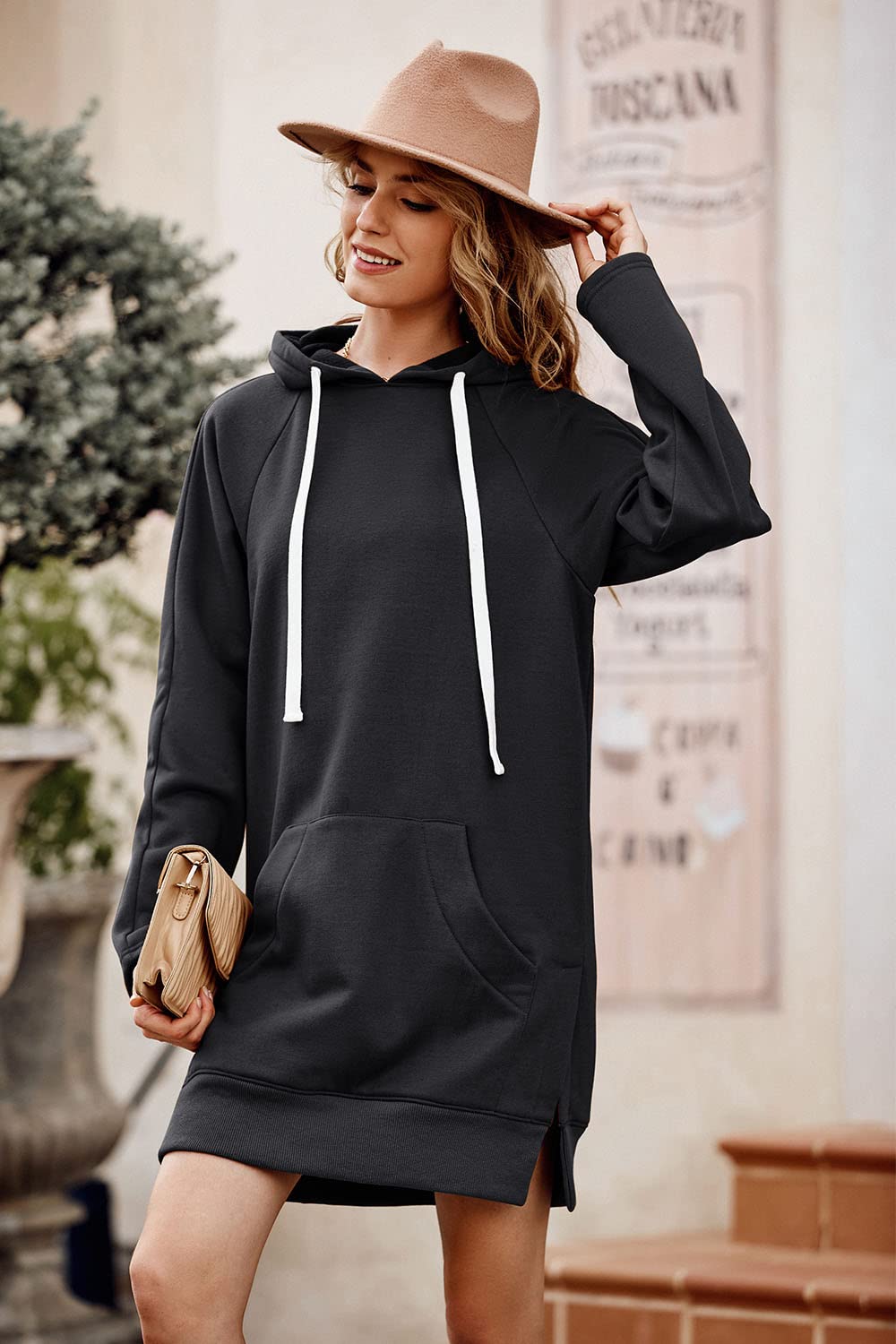 PRETTYGARDEN Women's Casual Pullover Sweatshirt Long Sleeve Split Hem Hoodie Dress with Kangaroo Pocket (Dark Grey,Small)