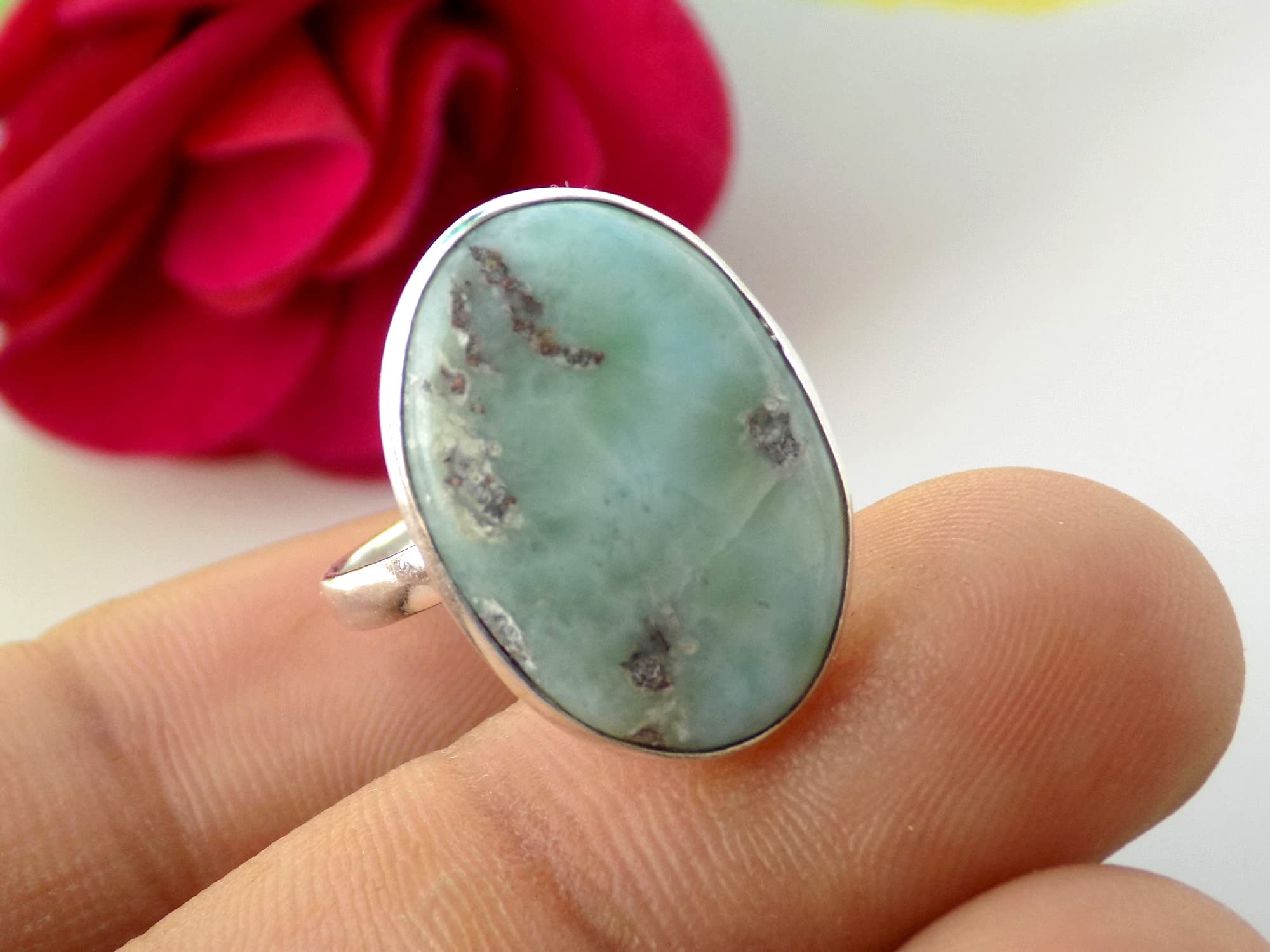 Natural Larimar Ring, Women's Ring, Statement Ring, Simple Bezel Gemstone Ring, (Size- 6.5 USA) Blue