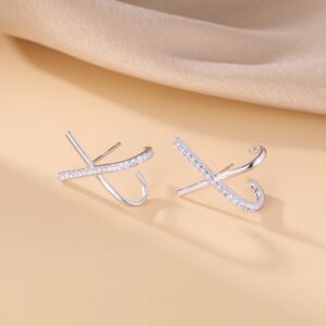 Reffeer 925 Sterling Silver Letter X Cuff Earrings Piercings for Women Teens CZ X Wrap Earrings Huggie Studs (A-Silver)