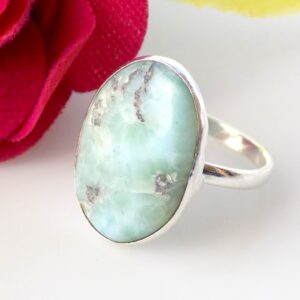 Natural Larimar Ring, Women's Ring, Statement Ring, Simple Bezel Gemstone Ring, (Size- 6.5 USA) Blue