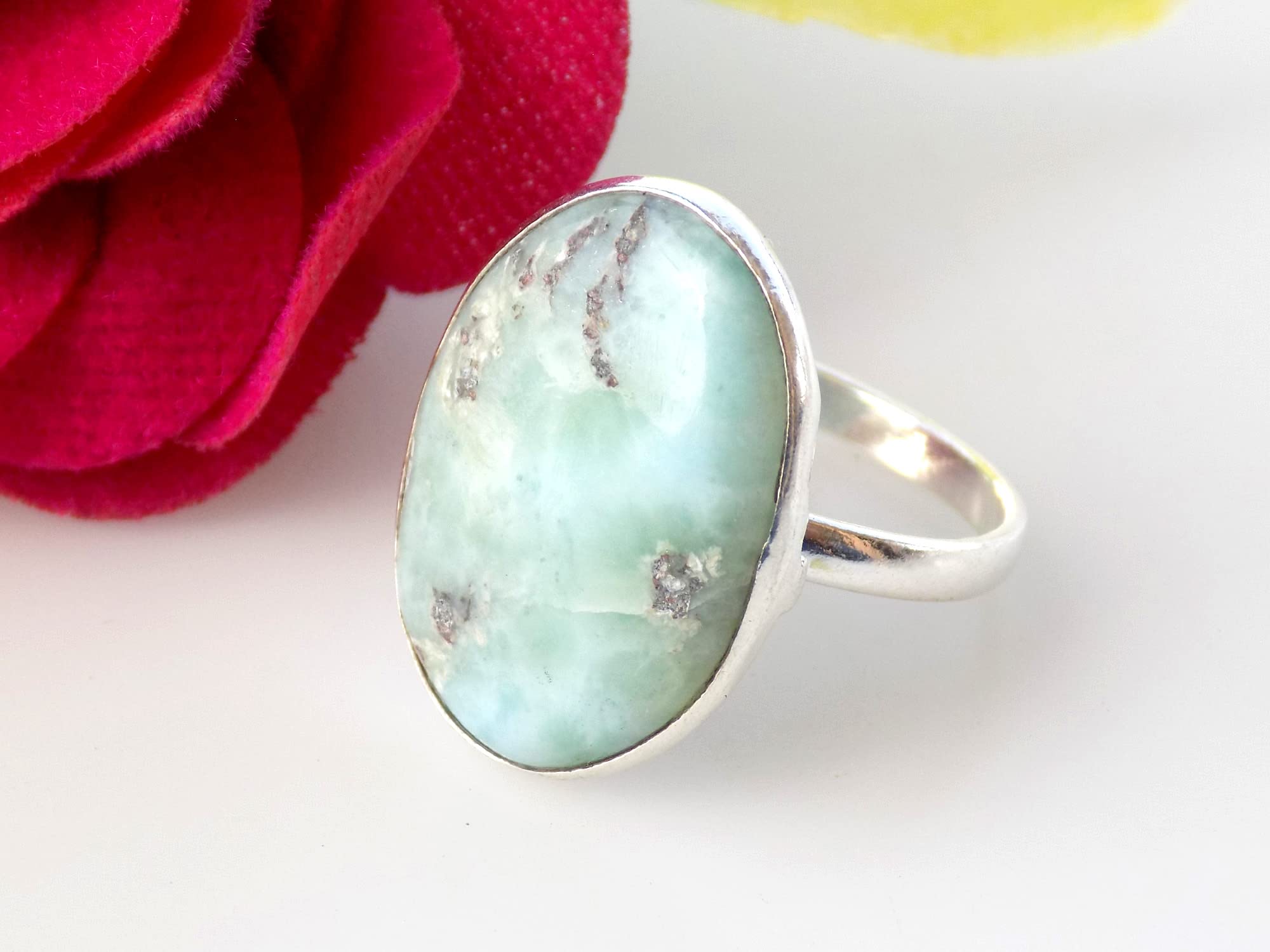 Natural Larimar Ring, Women's Ring, Statement Ring, Simple Bezel Gemstone Ring, (Size- 6.5 USA) Blue