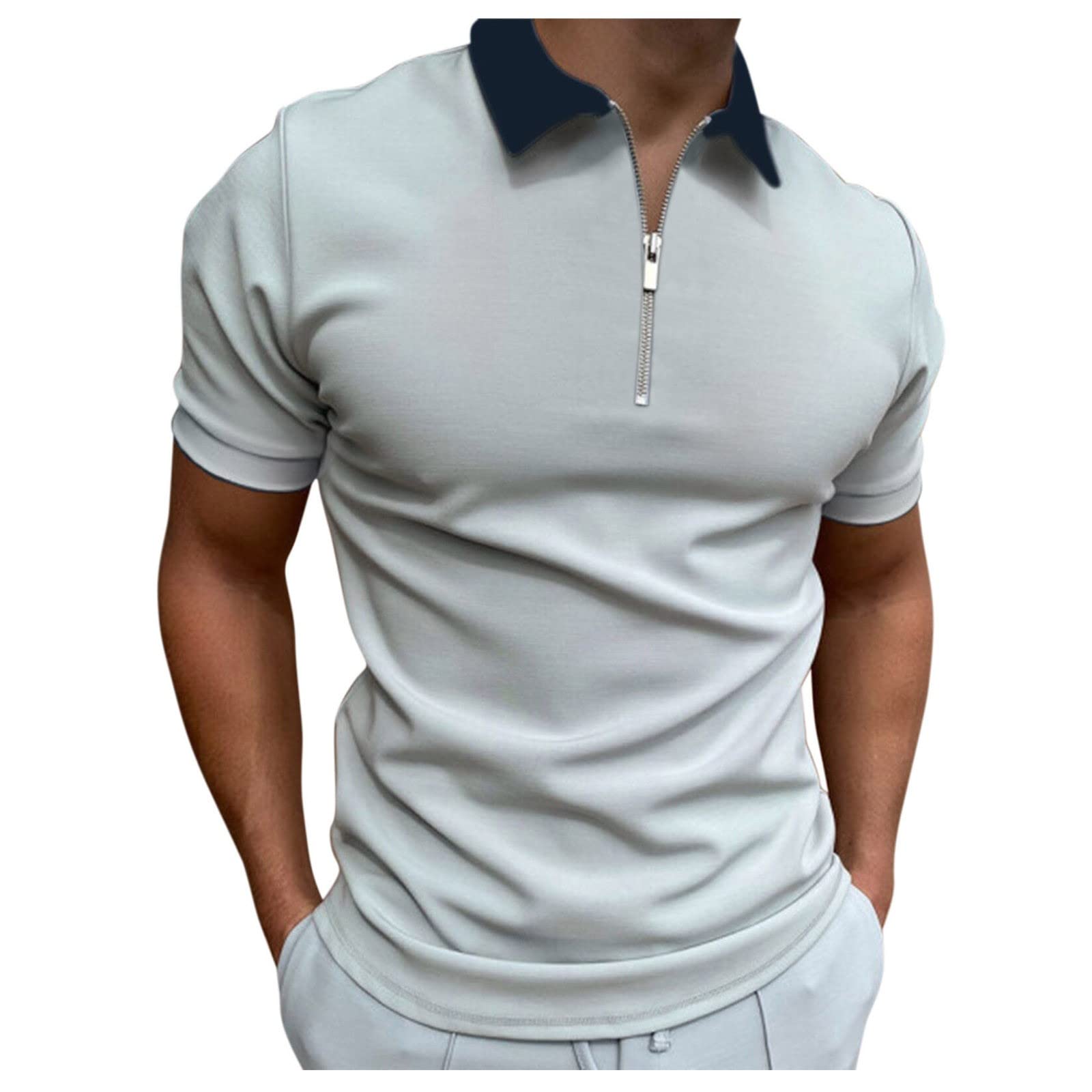 Mens Short Sleeve Shirts Casual Slim Fit Golf Polo Shirt Turn-Down Collar Zipper Quick Dry Active Tee Top(Grey,5X-Large)