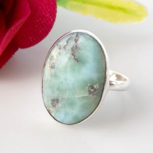 Natural Larimar Ring, Women's Ring, Statement Ring, Simple Bezel Gemstone Ring, (Size- 6.5 USA) Blue