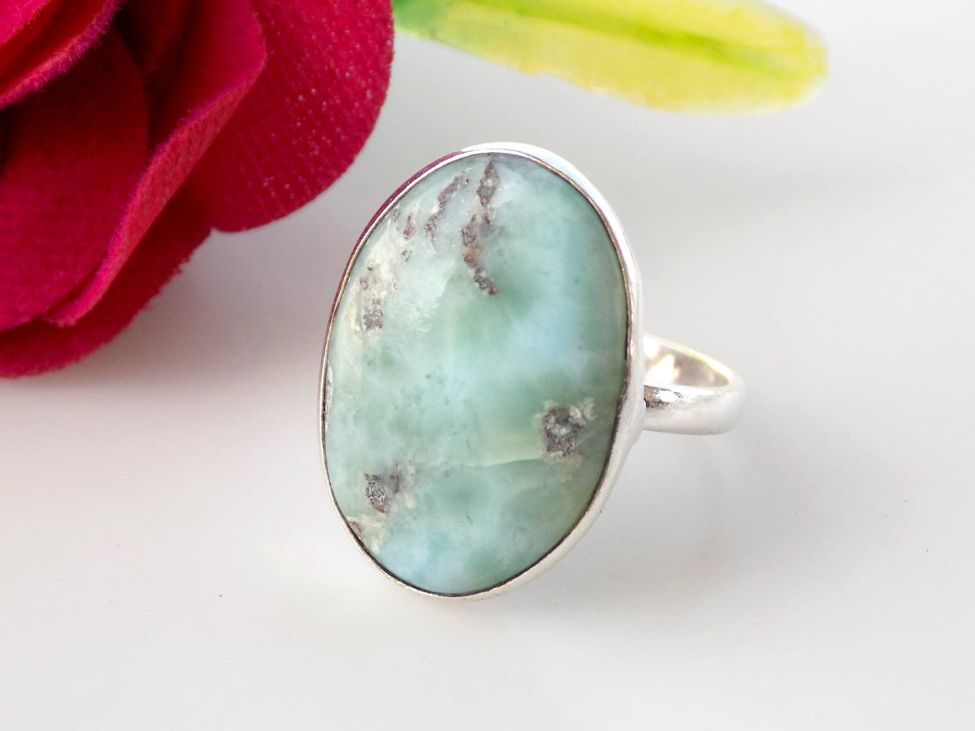 Natural Larimar Ring, Women's Ring, Statement Ring, Simple Bezel Gemstone Ring, (Size- 6.5 USA) Blue