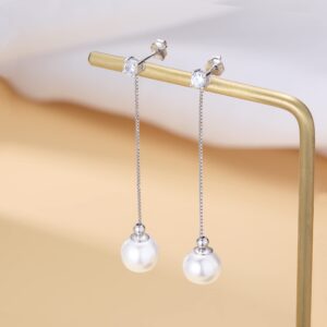 Reffeer Solid 925 Sterling Silver Pearl Earrings Drop for Women Teens Girls Pearl Dangle Earrings CZ Studs Wedding Bridal Dangle Earrings