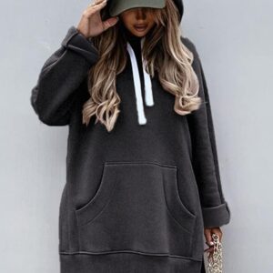 PRETTYGARDEN Women's Casual Pullover Sweatshirt Long Sleeve Split Hem Hoodie Dress with Kangaroo Pocket (Dark Grey,Small)