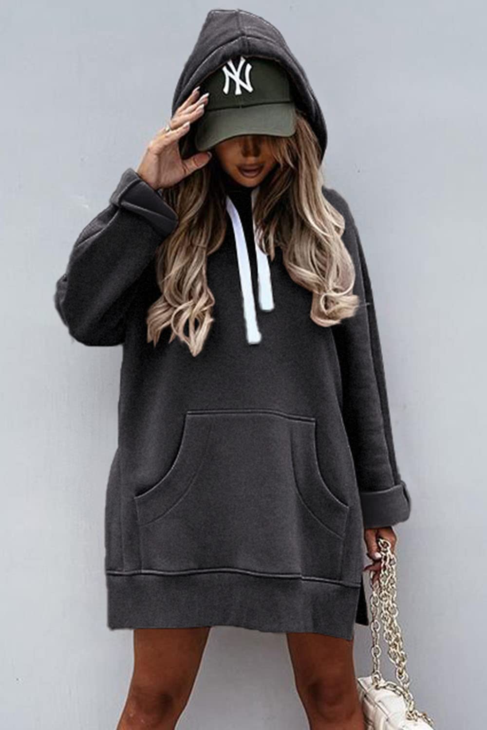 PRETTYGARDEN Women's Casual Pullover Sweatshirt Long Sleeve Split Hem Hoodie Dress with Kangaroo Pocket (Dark Grey,Small)