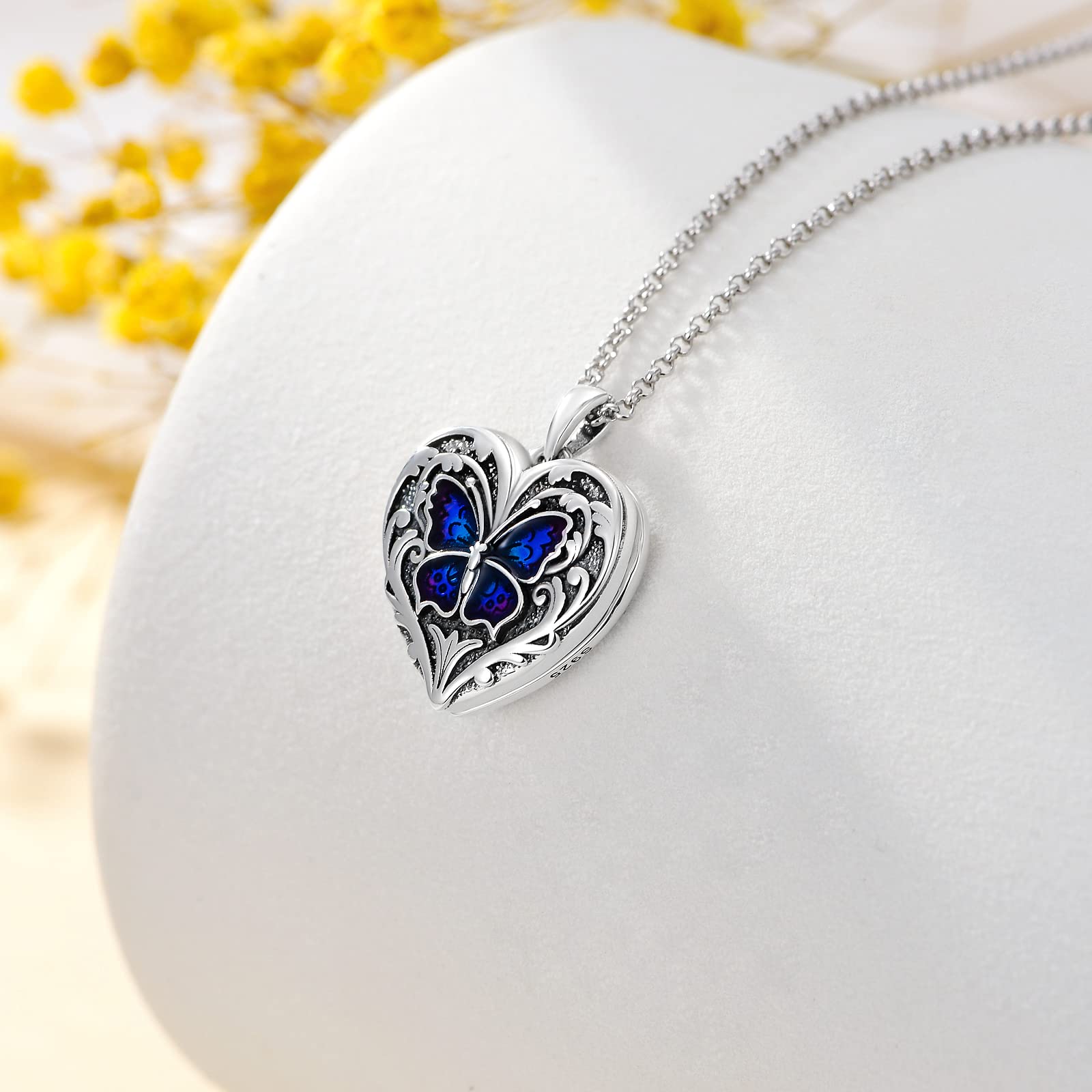 SOULMEET Personalized Beautiful Blue Morpho Butterfly Locket Necklace That Holds 2 Pictures Photo Sterling Silver Insect Locket (Custom photo & text)