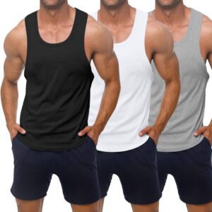 KAWATA Men's 3 Pack Dry Fit Workout Tank Top Gym Muscle Tee Fitness Bodybuilding Sleeveless T Shirts