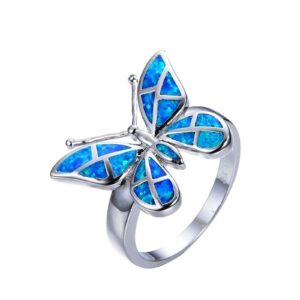 Bohemian Ring Opal Butterfly Ring for Women Engaged Wedding Rings Engagement Ring Party Ring for Girls (Blue, 7) Stainless Steel Blue Rose Gold White Purple