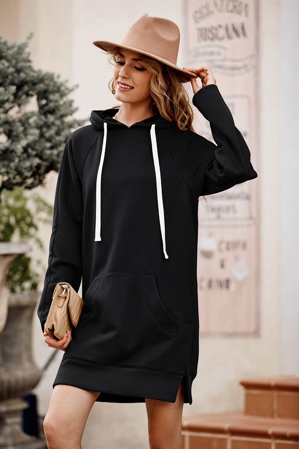 PRETTYGARDEN Women's Casual Pullover Sweatshirt Long Sleeve Split Hem Hoodie Dress with Kangaroo Pocket (Black,X-Large)