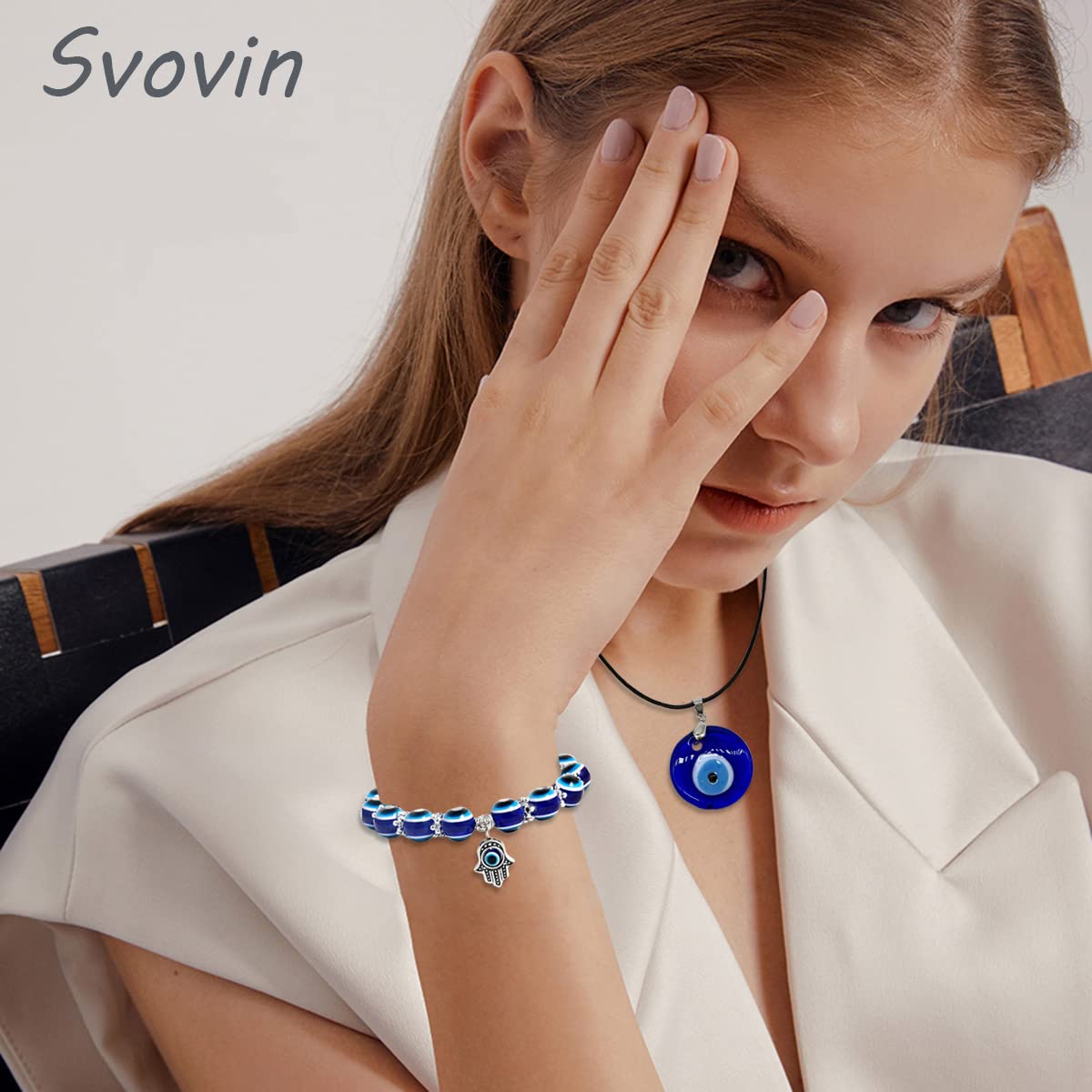 Svovin 23 Pieces Evil Eye Necklace Pendant for Women Men Turkish Lucky Blue Eyes Amulet Leather Rope Evil Eyes Earrings Bracelets Jewelry Set