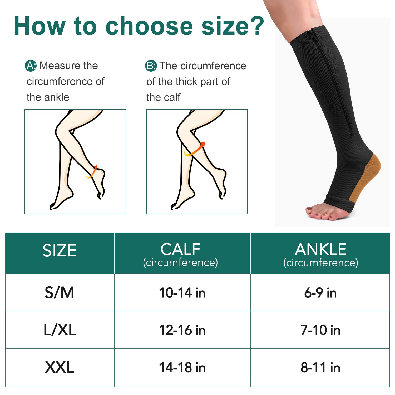 2 Pairs Copper Zipper Compression Socks 15-20mmgh-Calf Knee High Open Toe Support Stocking Compression Stocking