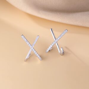 Reffeer 925 Sterling Silver Letter X Cuff Earrings Piercings for Women Teens CZ X Wrap Earrings Huggie Studs (A-Silver)