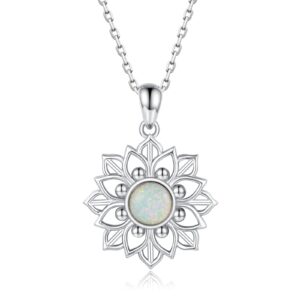 MANBU Sterling Silver Lotus Flower Necklace - Mandala Flower of Life Pendant Yoga Jewelry Gift for Women Yoga Lovers (Opal)