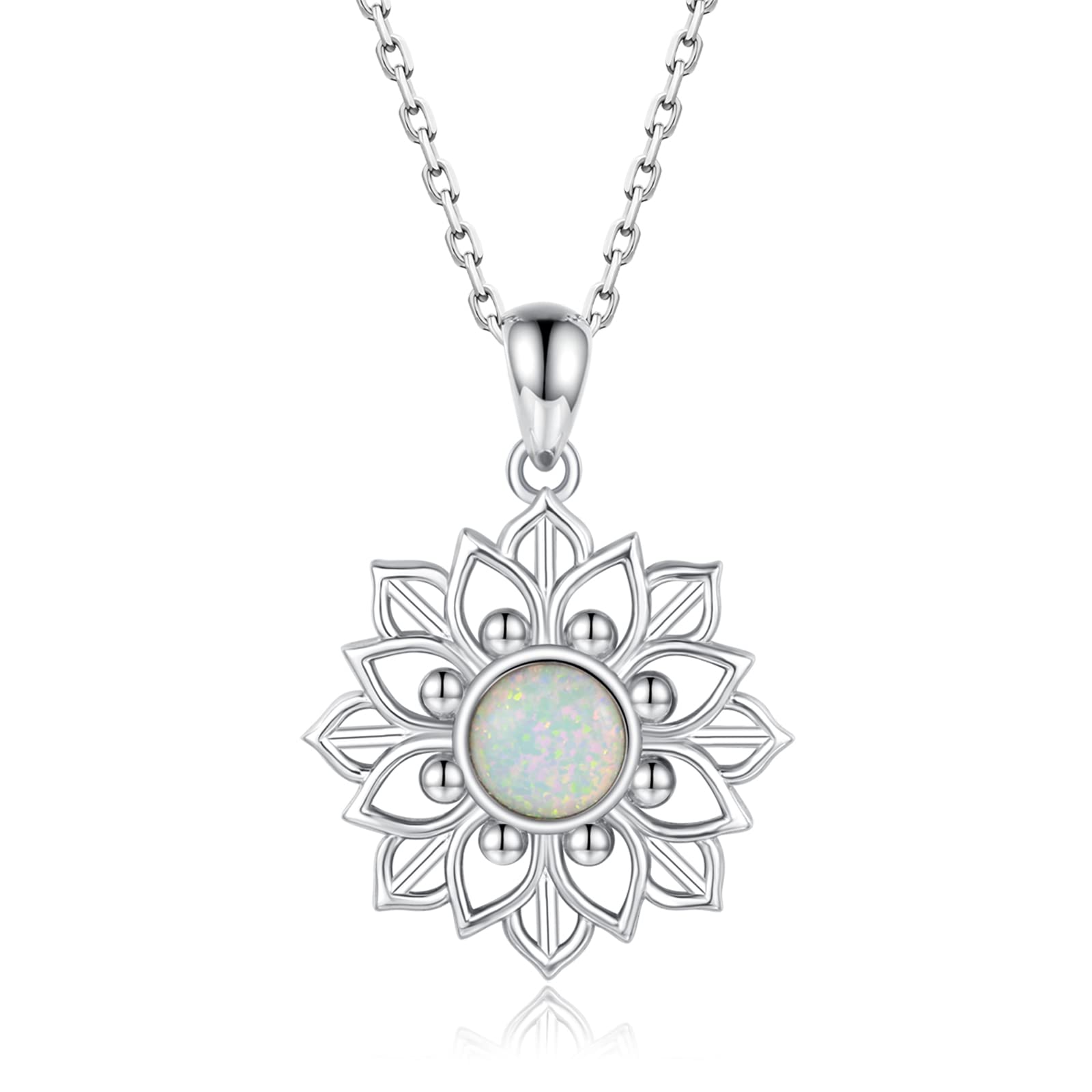 MANBU Sterling Silver Lotus Flower Necklace - Mandala Flower of Life Pendant Yoga Jewelry Gift for Women Yoga Lovers (Opal)