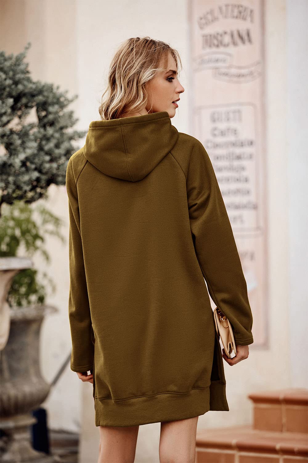 PRETTYGARDEN Women's Casual Pullover Sweatshirt Long Sleeve Split Hem Hoodie Dress with Kangaroo Pocket (Dark Khaki,X-Large)