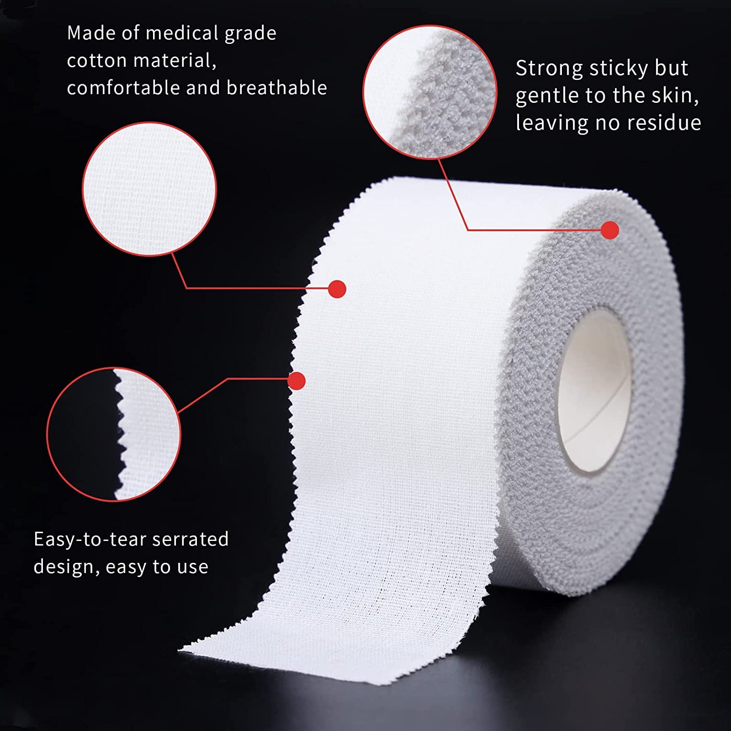 White Athletic Sports Tape 45ft-Very Strong Easy Tear NO Sticky Residue for Athlete & Medical Trainers & First Aid Injury Wrap,Perfect for Fingers Ankles Wrist on Bat, Hockey Stick (6 Rolls)