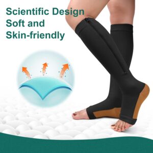 2 Pairs Copper Zipper Compression Socks 15-20mmgh-Calf Knee High Open Toe Support Stocking Compression Stocking