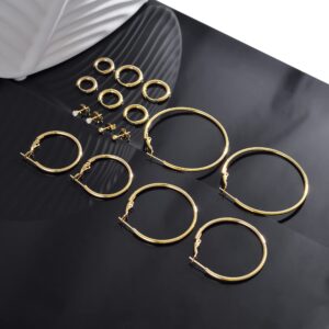 8 Pairs Stainless Steel Gold Hoop Earrings Huggie Cuff Earrings Sets for Multiple Piercing Hoops and Studs Earrings Set Cartilage Small CZ Earrings Ball Earrings Set for Women