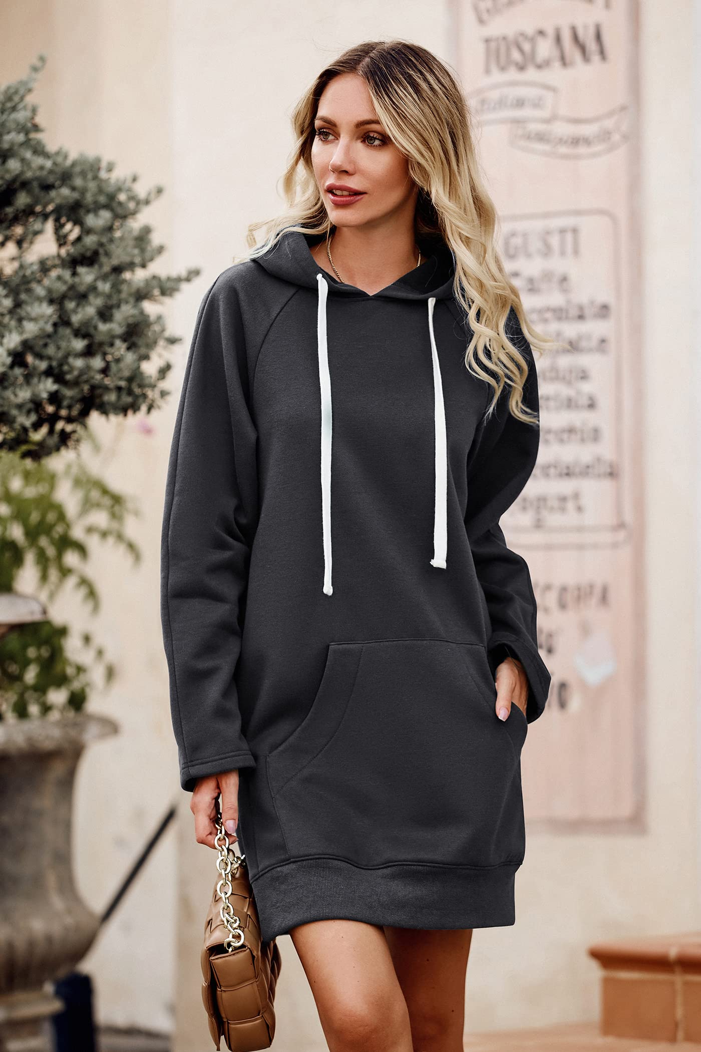 PRETTYGARDEN Women's Casual Pullover Sweatshirt Long Sleeve Split Hem Hoodie Dress with Kangaroo Pocket (Dark Grey,Small)