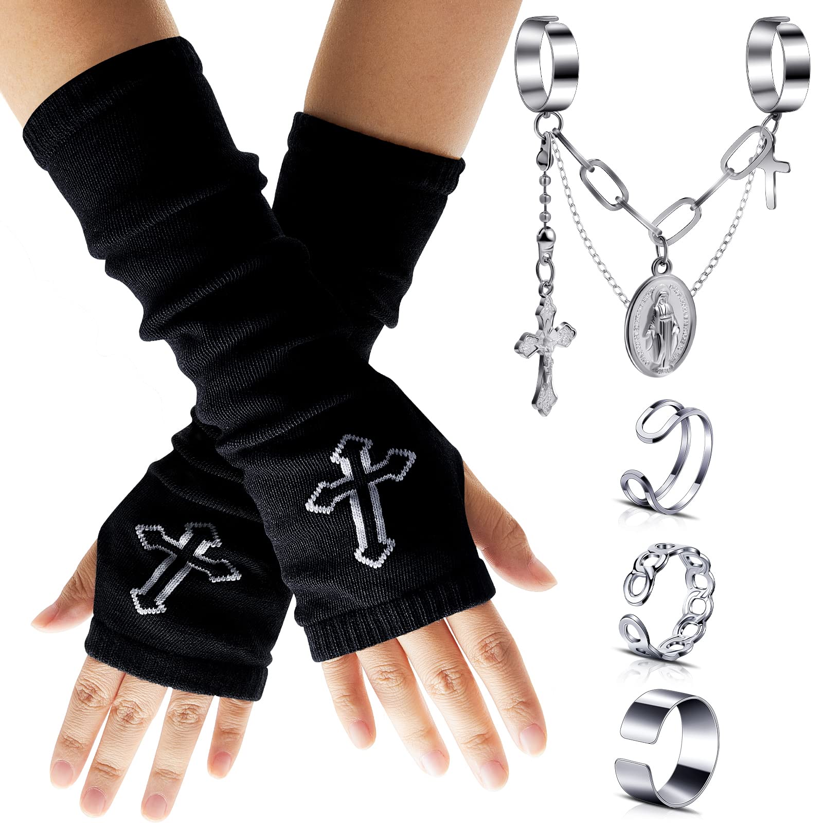 Women Goth Arm Sleeve Fingerless Goth Arm Warmers Cool Black Hip Hop Gloves Punk Chain Finger Rings Adjustable Gothic Rings Goth Accessories Y2k Aesthetic Jewelry One Size