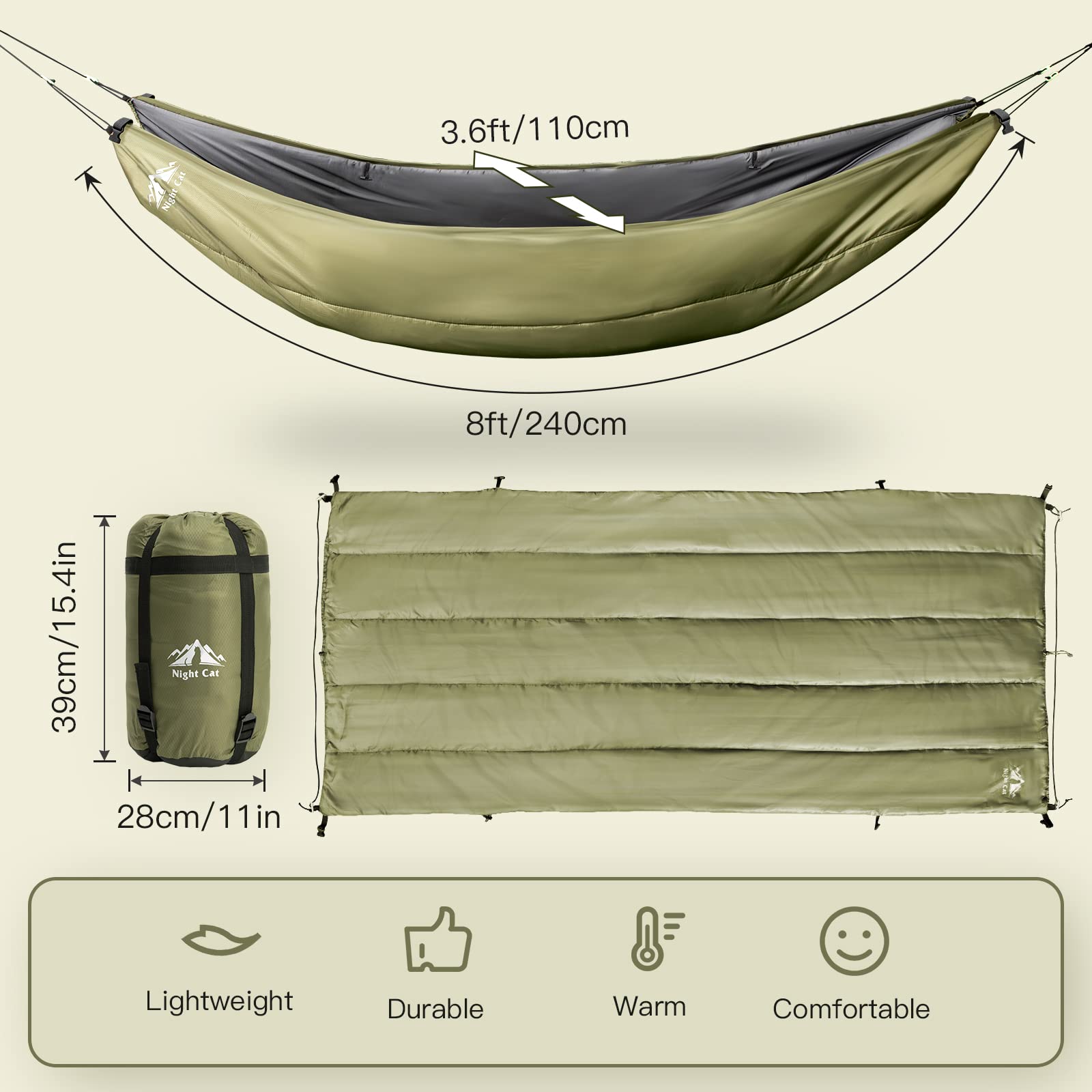 Night Cat Hammock Underquilts Sleeping Bag Single Insulated Under Blanket for Hammock 4 Seasons Lightweight Soft Warm 5-20℃ 8x3.6ft Army Green