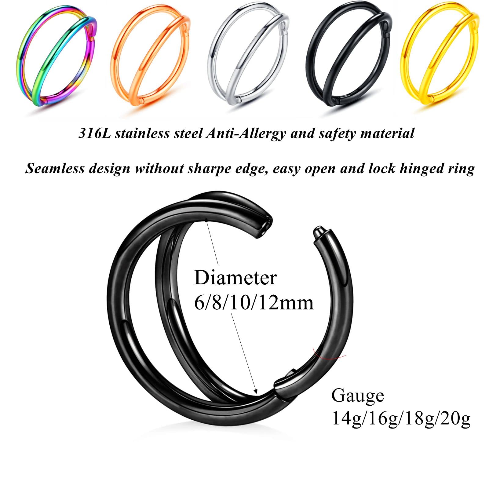 Yrogcu 16G 18G 20G 6mm7mm 8mm 10mm Stainless-Steel L-Shape Septum-Clicker Hinge Nose-Ring-Hoop-Studs:Lip Eyebow Segment Ring