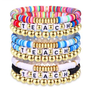 NLCAC 9 Pack Heishi Teacher Bracelets Stackable Rainbow Heishi Teach Beaded Stretchy Bracelet Preppy Jewelry Back to School Teacher Appreciation Gifts Rainbow