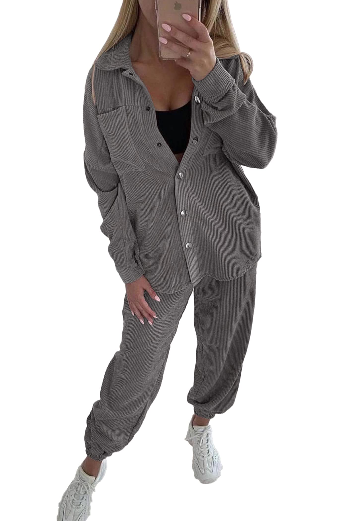 PRETTYGARDEN Women's 2 Piece Outfits Casual Corduroy Long Sleeve Button Down Jacket and Pants Tracksuit with Pockets (Grey,Large)