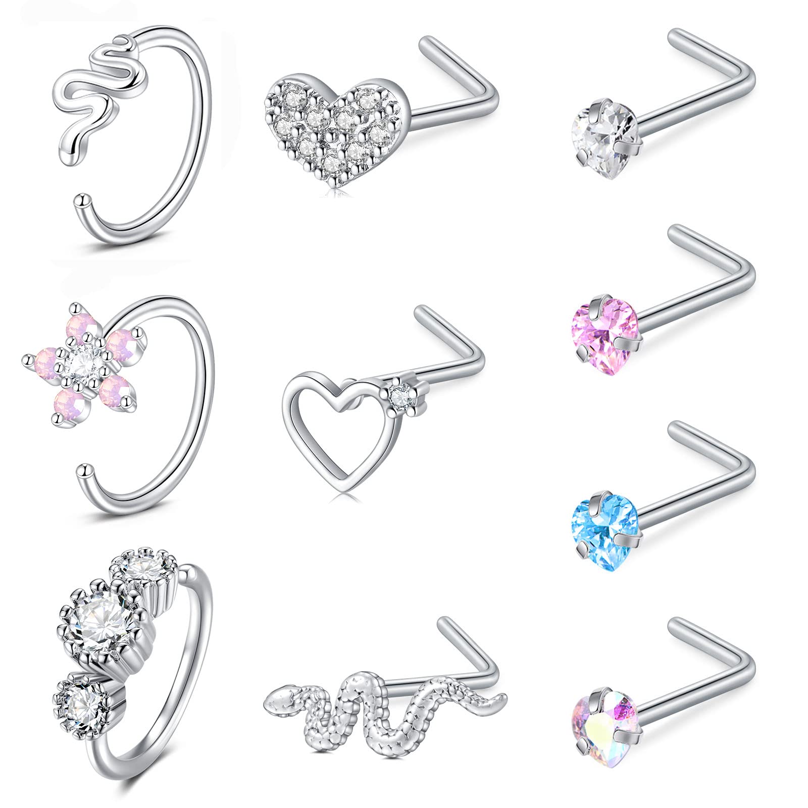 VCMART Nose Rings for Women 18g Nose Ring Surgical Steel Nose Rings Hoops Nose Studs Flower Heart Snake Hoop Nose Ring Diamond Nose Rings Studs Silver Nose Nostril Piercing Jewelry