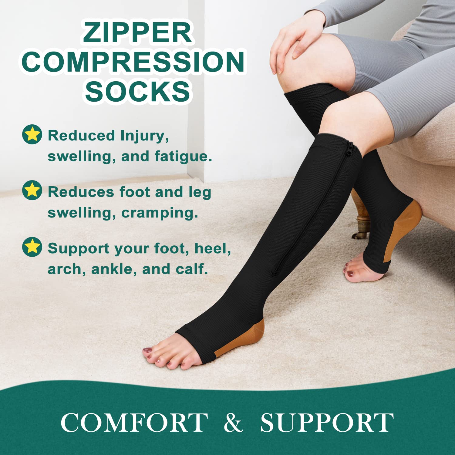 2 Pairs Copper Zipper Compression Socks 15-20mmgh-Calf Knee High Open Toe Support Stocking Compression Stocking