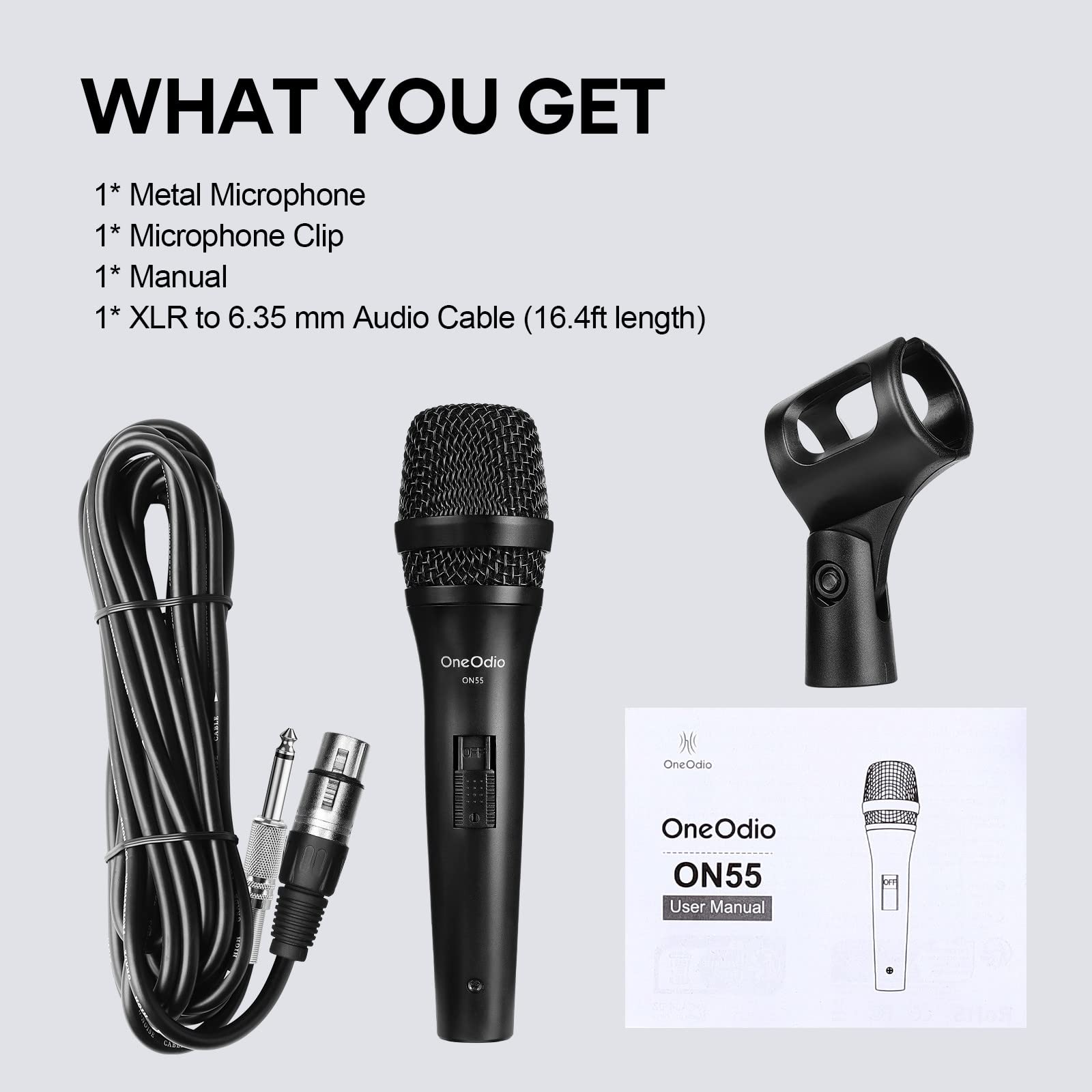 OneOdio ON55 Wired Microphone for Singing - Mic Clips, Metal Female, ON/Off Switch, 16.4ft XLR Cable - Condenser Dynamic Mic for Karaoke Machine, AMP, Speaker, Parties