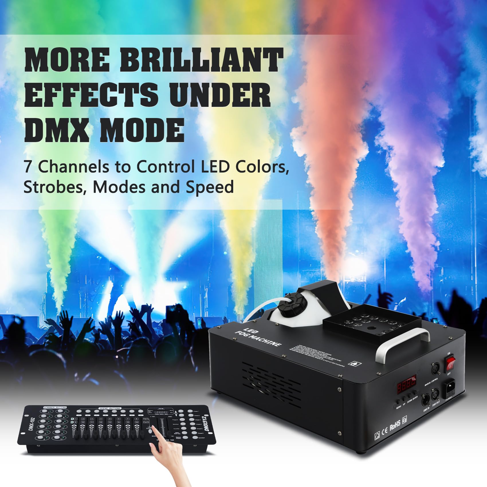 TCFUNDY 1500W Fog Machine for Halloween, DMX RGB 3 in 1 24 LED Smoke Machine Stage Lighting Vertical Spray with Remote Control