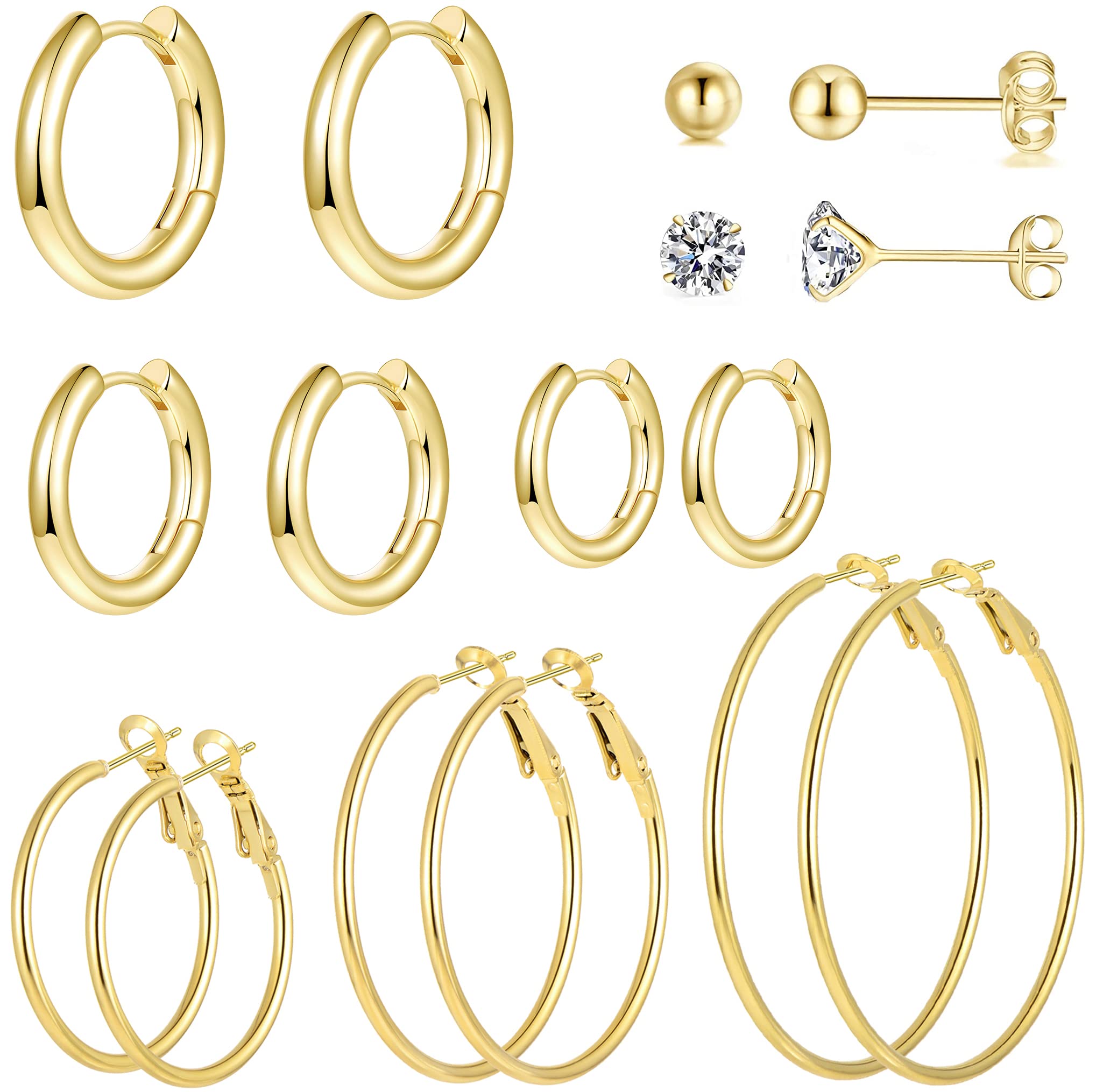 8 Pairs Stainless Steel Gold Hoop Earrings Huggie Cuff Earrings Sets for Multiple Piercing Hoops and Studs Earrings Set Cartilage Small CZ Earrings Ball Earrings Set for Women