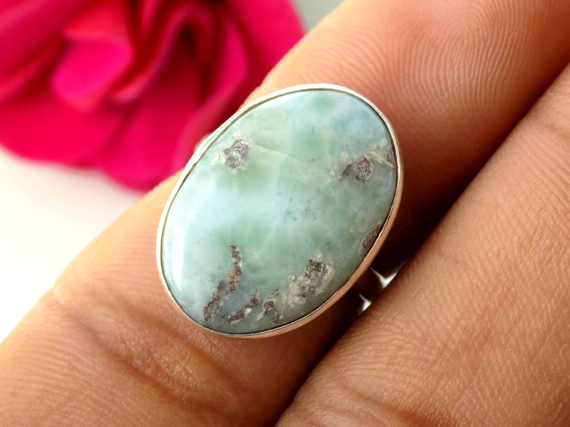 Natural Larimar Ring, Women's Ring, Statement Ring, Simple Bezel Gemstone Ring, (Size- 6.5 USA) Blue