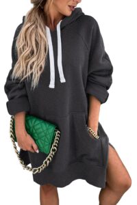 prettygarden women's casual pullover sweatshirt long sleeve split hem hoodie dress with kangaroo pocket (dark grey,small)