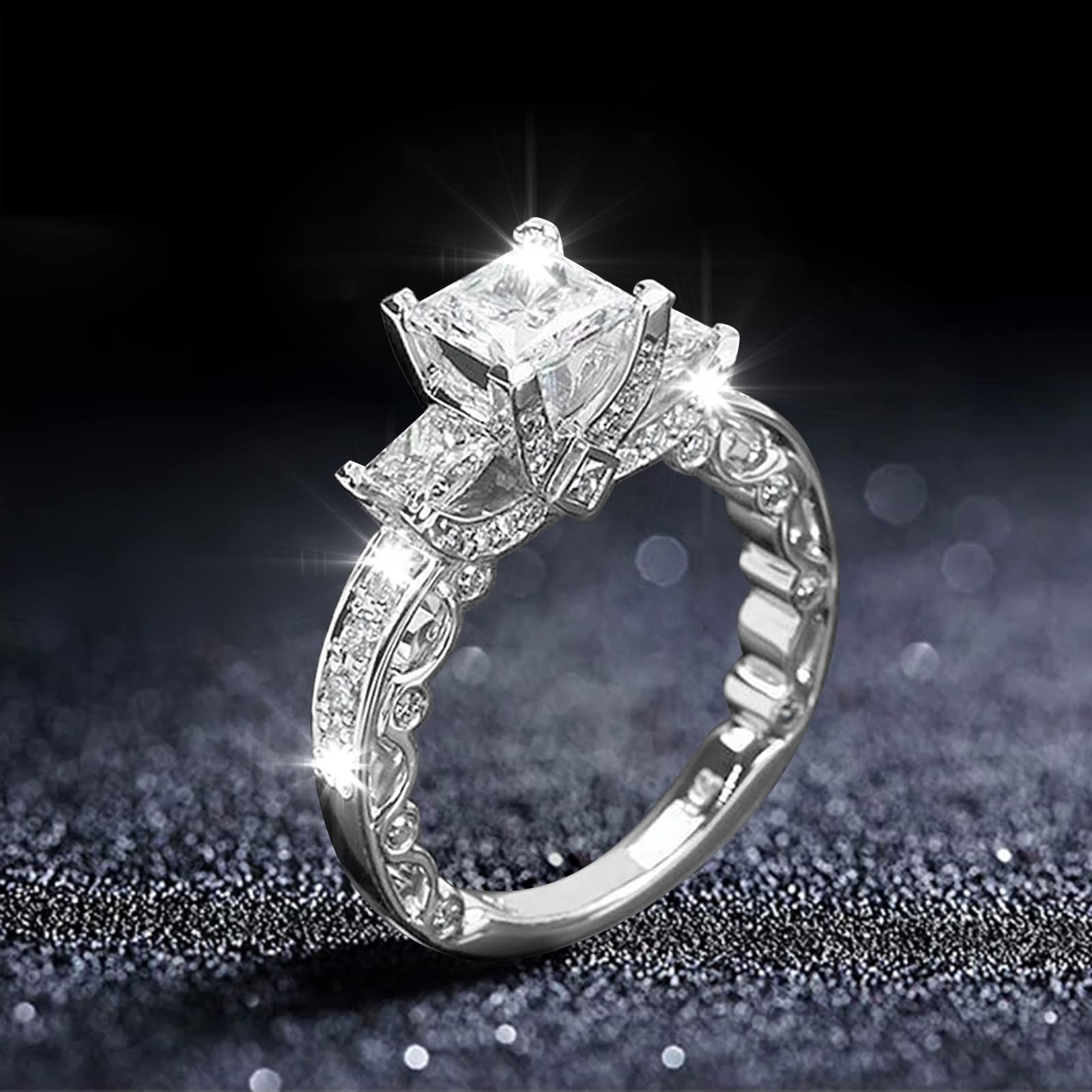 Cushion Cut Simulated Diamond Ring for Women Zircon Ring Engagement Wedding Band CZ (Silver, 10)