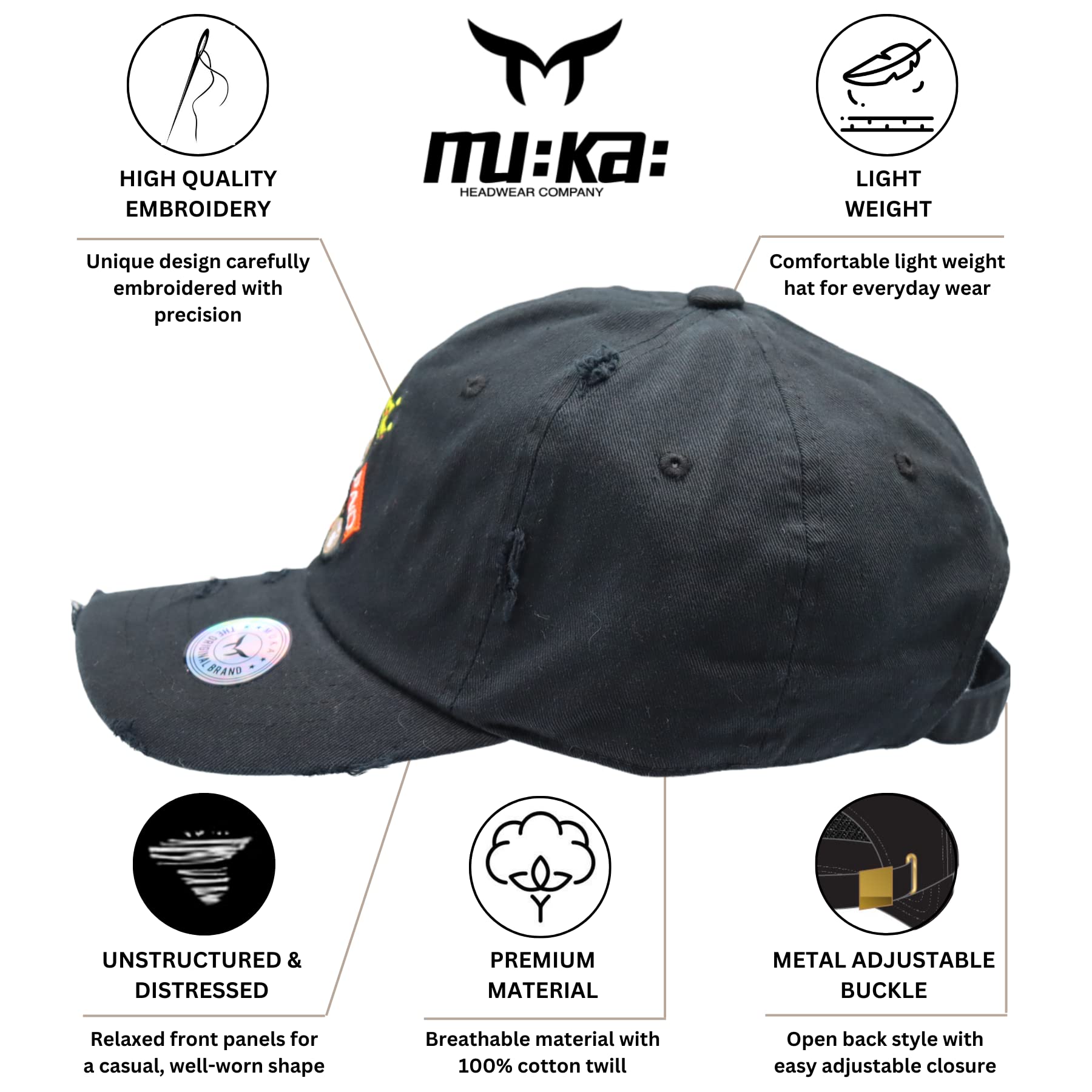 MU:KA: Bear Embroidered Graphic Baseball Cap Adjustable Cotton Dad Hat for Men and Women (Henny Bear (Black))