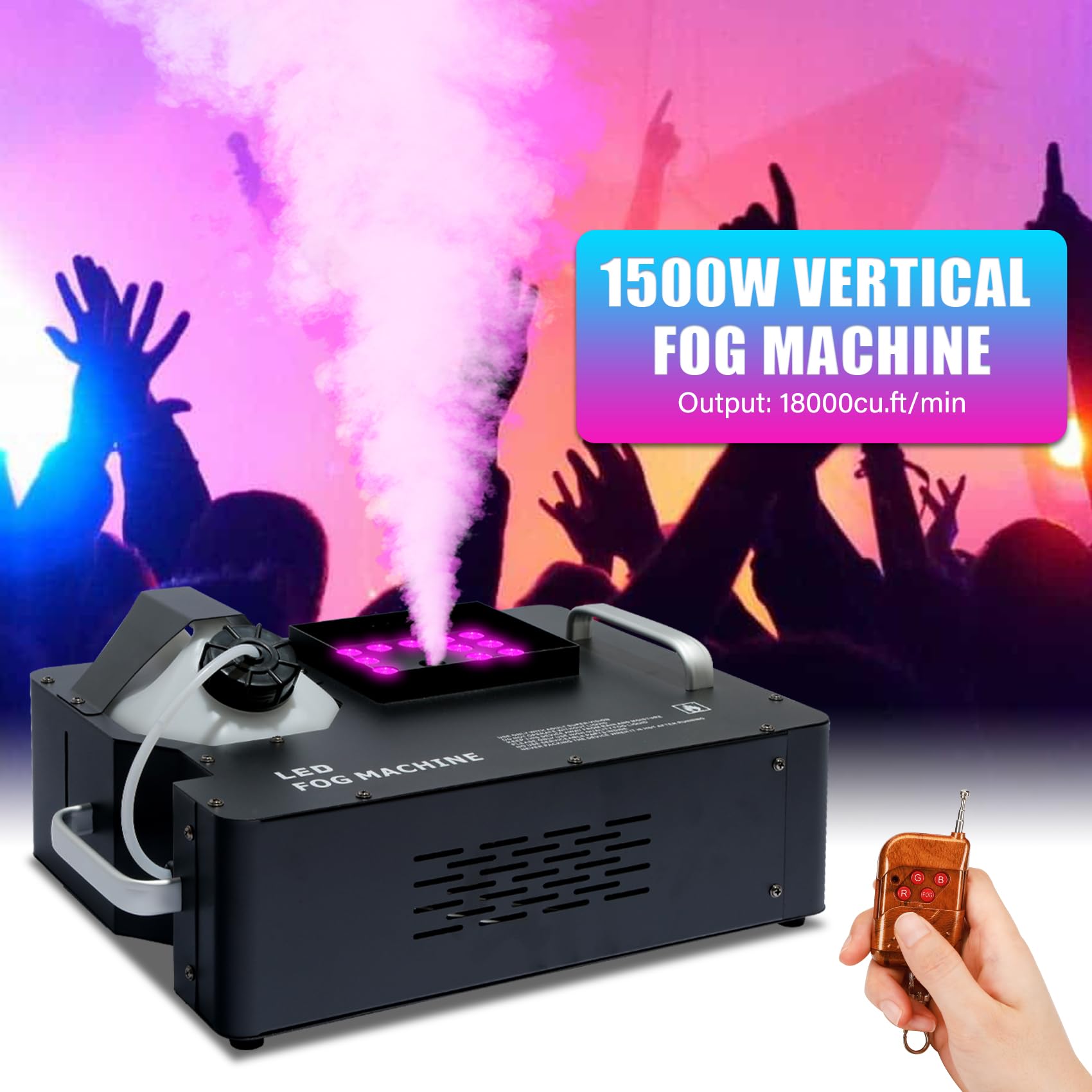 TCFUNDY 1500W Fog Machine for Halloween, DMX RGB 3 in 1 24 LED Smoke Machine Stage Lighting Vertical Spray with Remote Control