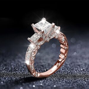 Cushion Cut Simulated Diamond Ring for Women Zircon Ring Engagement Wedding Band CZ (Rose Gold, 6)