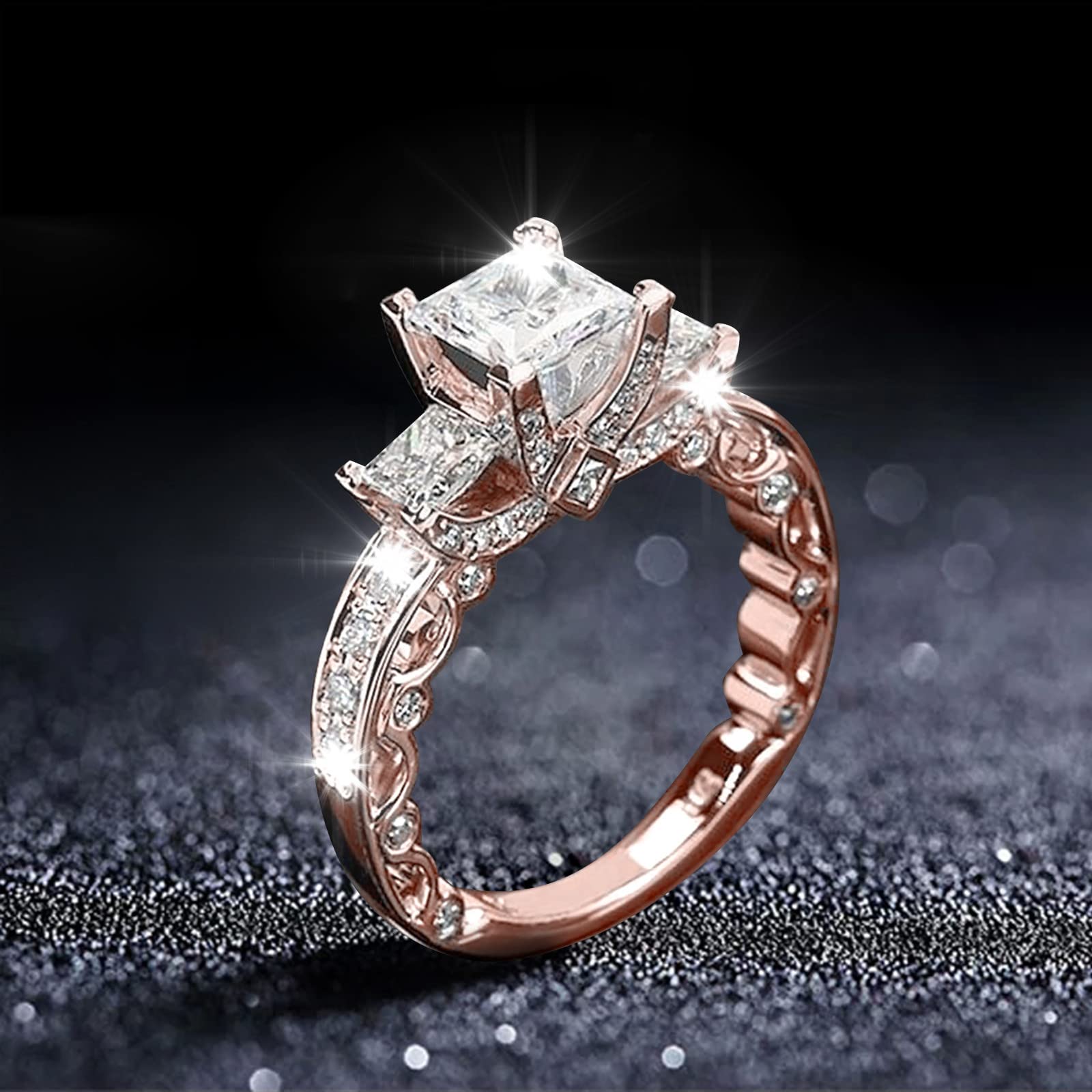 Cushion Cut Simulated Diamond Ring for Women Zircon Ring Engagement Wedding Band CZ (Rose Gold, 6)