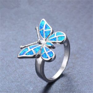 Bohemian Ring Opal Butterfly Ring for Women Engaged Wedding Rings Engagement Ring Party Ring for Girls (Blue, 7) Stainless Steel Blue Rose Gold White Purple