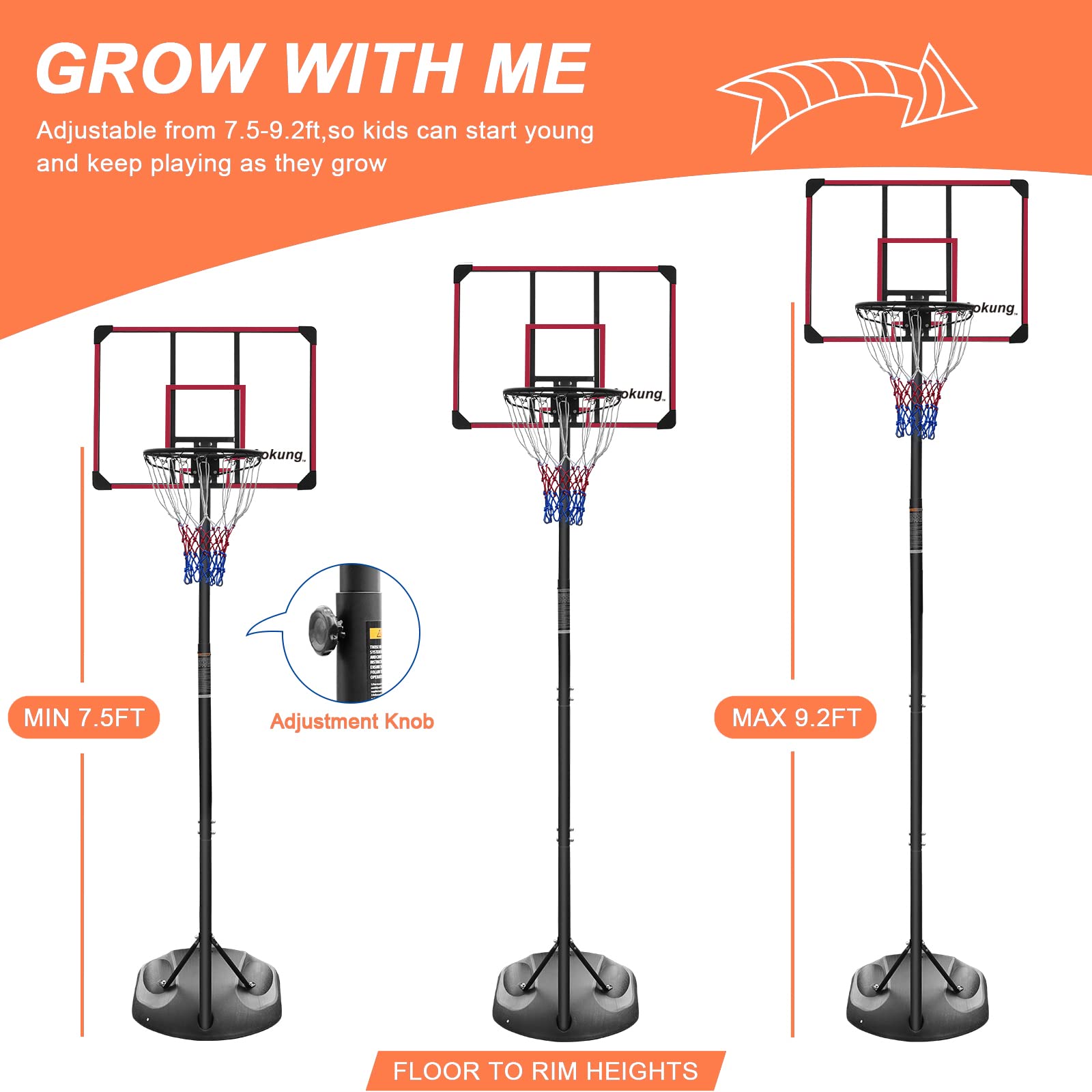 AOKUNG Teenagers Height Adjustable 7.5-9.2 'Basket 32 ''Backboard Portable Basket System for Indoor & Outdoor use, Black