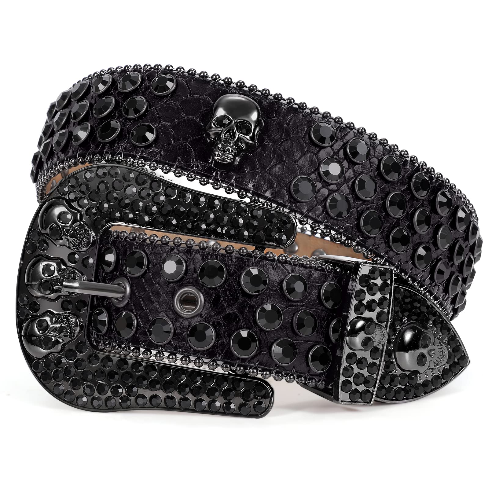 SUOSDEY Rhinestone Skull Belt Men Women Bling Stylish Belt Punk Fashion Studded Leather Belt for Jeans Pants Jacket